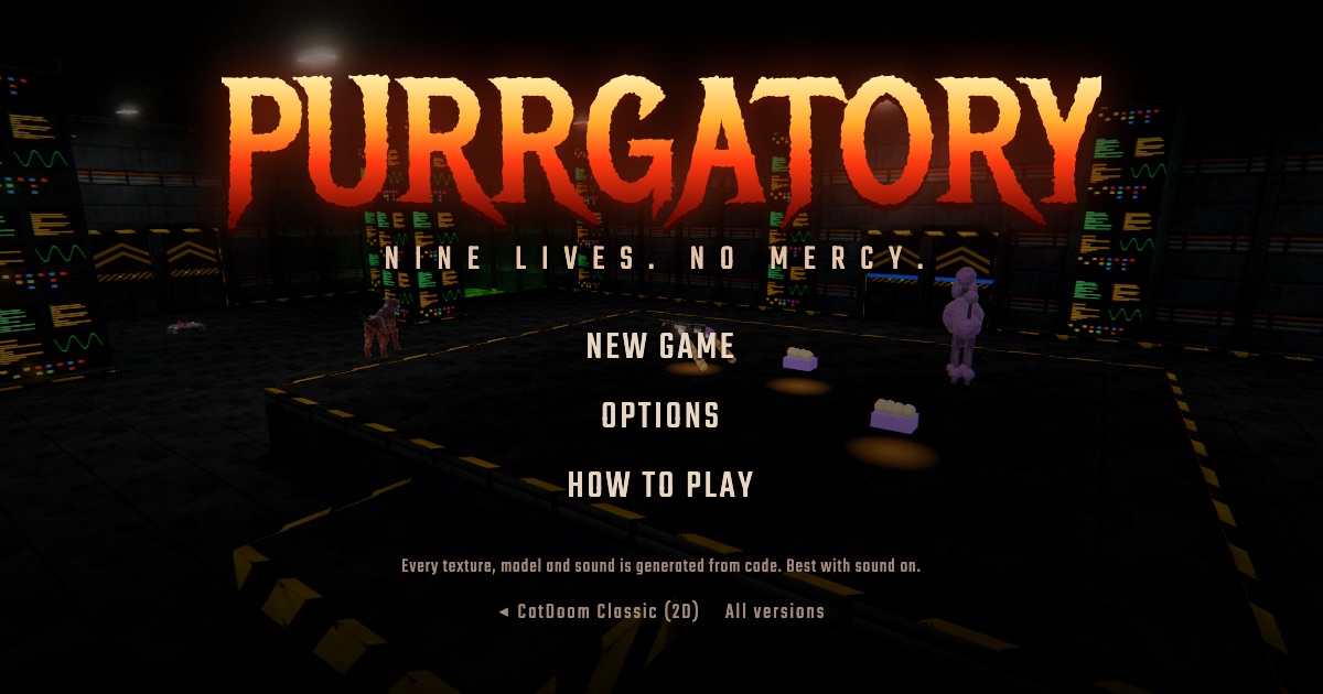 CatDoom 3D: the Purrgatory title over a lamp-lit space station