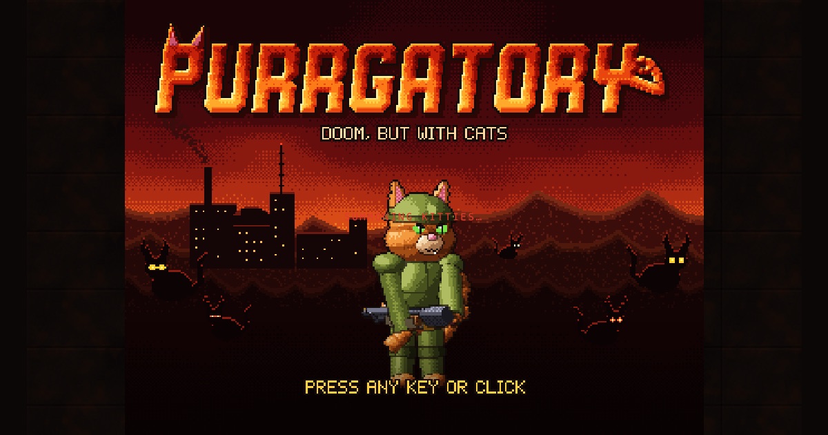 Purrgatory title screen: a space-marine cat with a shotgun in front of a burning Phobos base